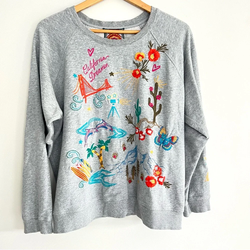 JOHNNY WAS California Raglan Gray Multicolor Embroidery Cotton Sweatshirt Sz XL - Picture 2 of 16